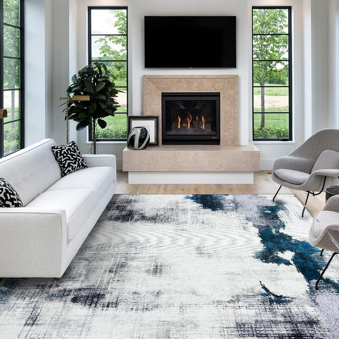 5x7 White/Blue Washable Abstract Modern Area Rug with Non-Slip Backing