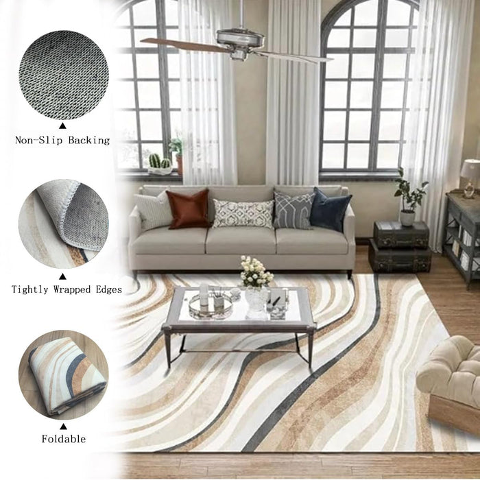 FINOREN Artistic Abstract Area Rug.Cream and Brown,4x6 Feet,Suitable for Bedroom,Living Room,Apartment,Machine Washable Non-Slip Soft Modern Interior Rug,Smudge-Proof,Non-Shedding.