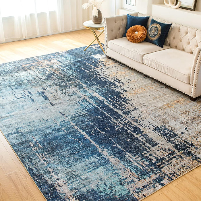 VK VK·LIVING Machine Washable Rug 9'x12' Abstract Washable Area Rugs with Non Slip Rugs for Living Room Bedroom Modern Woven Rug Carprt Stain Resistant, Washable Rugs Dining Room Office Boho Rug, Blue