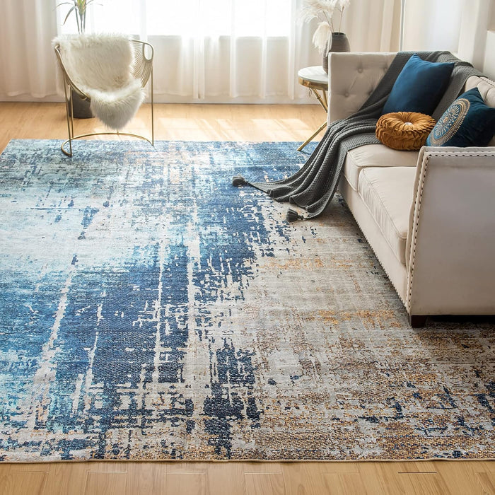 VK VK·LIVING Machine Washable Rug 9'x12' Abstract Washable Area Rugs with Non Slip Rugs for Living Room Bedroom Modern Woven Rug Carprt Stain Resistant, Washable Rugs Dining Room Office Boho Rug, Blue