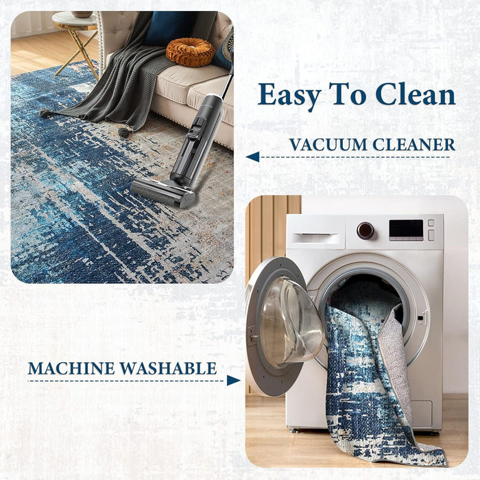 VK VK·LIVING Machine Washable Rug 9'x12' Abstract Washable Area Rugs with Non Slip Rugs for Living Room Bedroom Modern Woven Rug Carprt Stain Resistant, Washable Rugs Dining Room Office Boho Rug, Blue