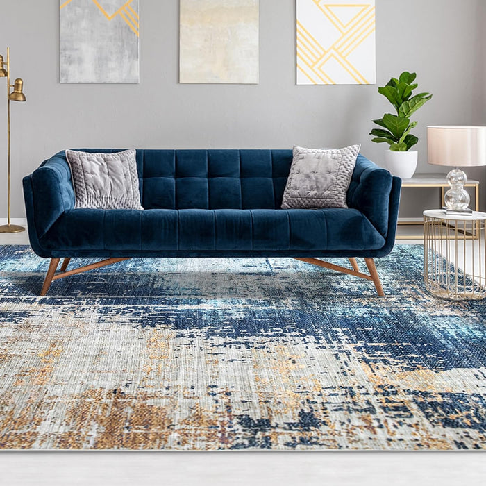 VK VK·LIVING Machine Washable Rug 9'x12' Abstract Washable Area Rugs with Non Slip Rugs for Living Room Bedroom Modern Woven Rug Carprt Stain Resistant, Washable Rugs Dining Room Office Boho Rug, Blue