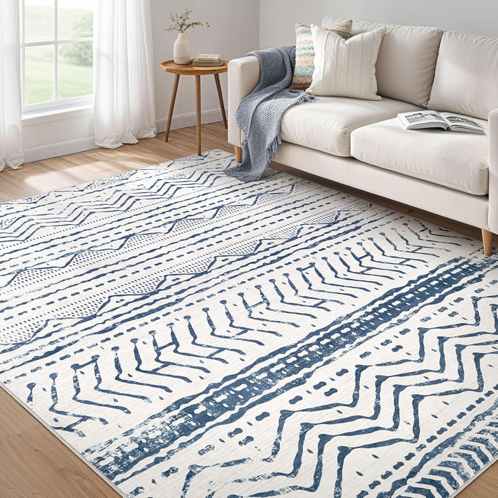 5x7 Navy Blue Soft Machine Washable Boho Moroccan Farmhouse Neutral Stain Resistant Area Rug