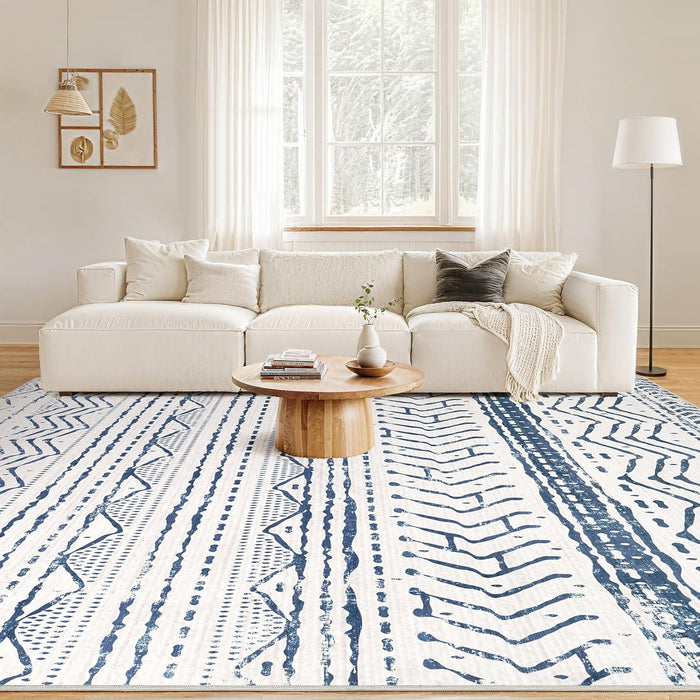 5x7 Navy Blue Soft Machine Washable Boho Moroccan Farmhouse Neutral Stain Resistant Area Rug