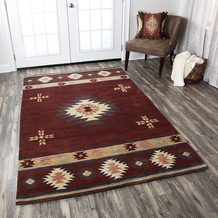 Rizzy Home | SU2009 | Southwest Collection | Wool Area Rug | 3' x 5' | Burgundy/Tan/Sage/Navy/Light Tan Southwest/Tribal