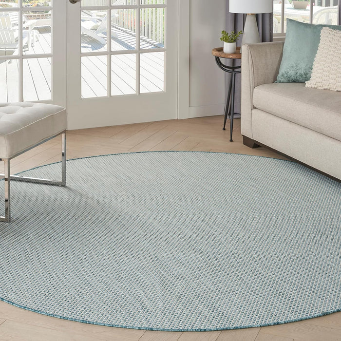 Nourison Courtyard Indoor/Outdoor Ivory/Aqua 8' x Round Area Rug, Easy Cleaning, Non Shedding, Bed Room, Living Room, Dining Room, Backyard, Deck, Patio (8 Round)