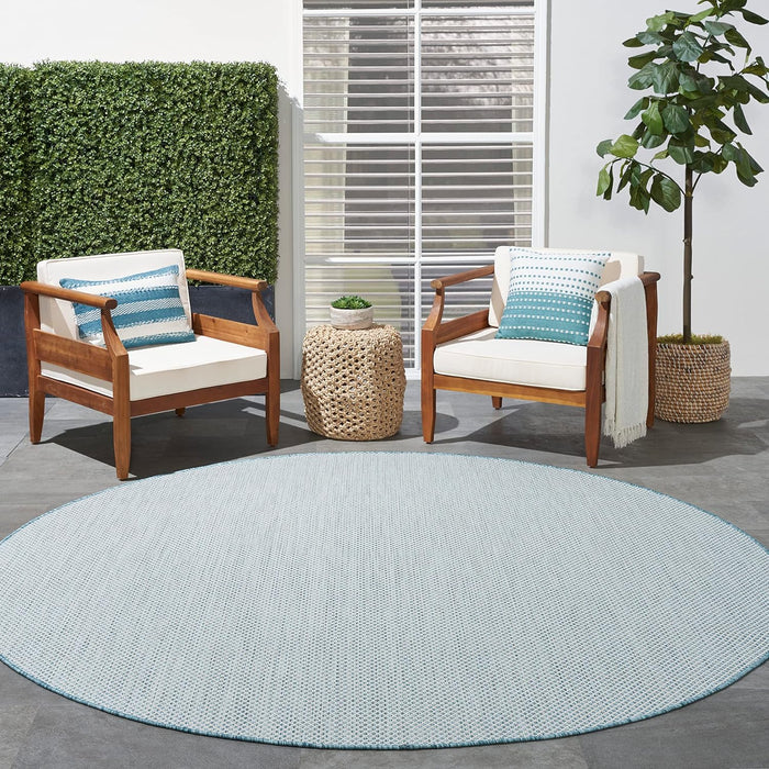 Nourison Courtyard Indoor/Outdoor Ivory/Aqua 8' x Round Area Rug, Easy Cleaning, Non Shedding, Bed Room, Living Room, Dining Room, Backyard, Deck, Patio (8 Round)