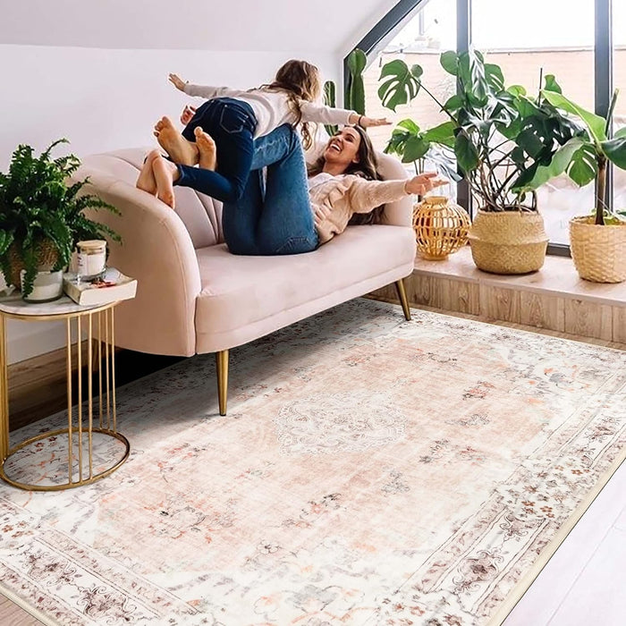 MUJOO Boho Rug 4'x6.5' Area Rugs for Bedroom Living Room Dining Room Pink Small Rugs Machine Washable Non Slip Carpet for Office Dorm Bedside Kitchen Laundry Room Floral