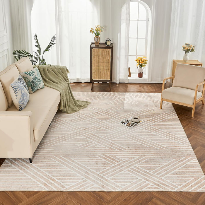 INGEROOM 5x7 Washable Area Rugs, Beige Geometric Area Rug for Living Room Bedroom, Modern Neutral Area Rug, Large Non-Slip Indoor Floor Carpet for High Traffic Areas, Kitchen, Dining Room