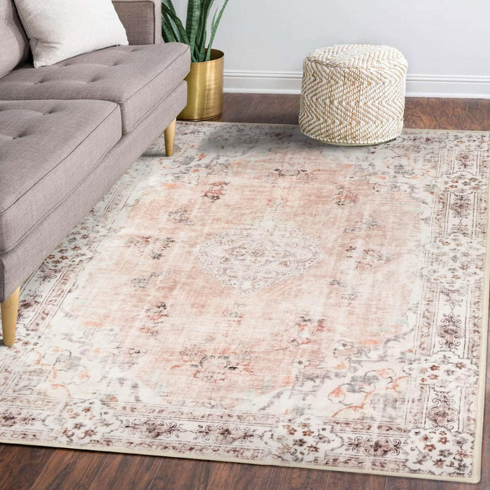 MUJOO 5'x7' Area Rugs Pink Machine Washable Boho Rug for Bedroom,Living Room, Laundry Room Kitchen Non Slip Carpet Abstract Soft Low-Pile Floral