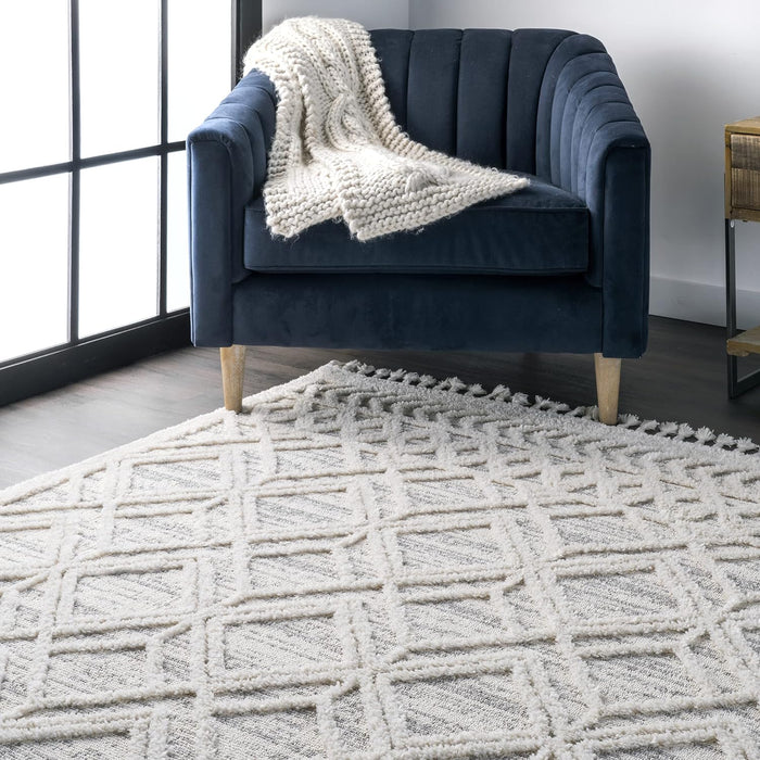 nuLOOM 6 Square Ansley Moroccan Tassel Area Rug, Light Grey, High-Low Textured Bohemian Design, Plush High Pile, Stain Resistant, For Bedroom, Living Room, Hallway, Entryway