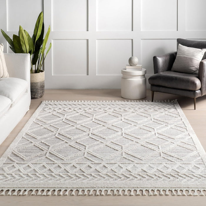 nuLOOM 6 Square Ansley Moroccan Tassel Area Rug, Light Grey, High-Low Textured Bohemian Design, Plush High Pile, Stain Resistant, For Bedroom, Living Room, Hallway, Entryway