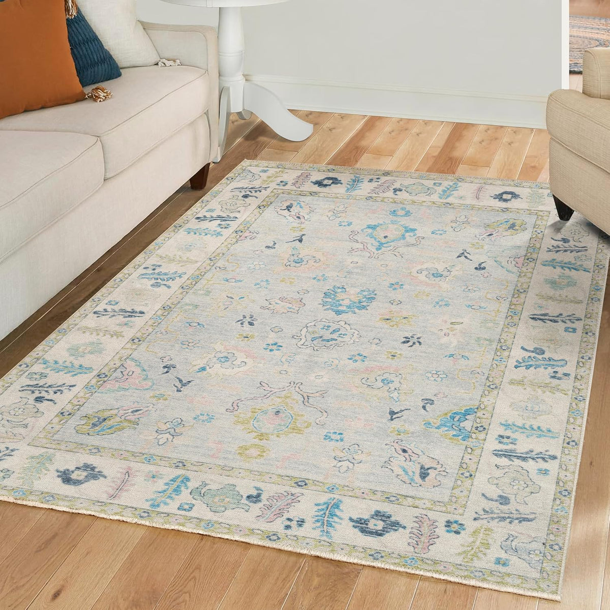 未使用保管品　the Apartment blue Lottery Rug 5' x 7' Blue/Pink Vintage Machine Washable Non-Slip Area Rug