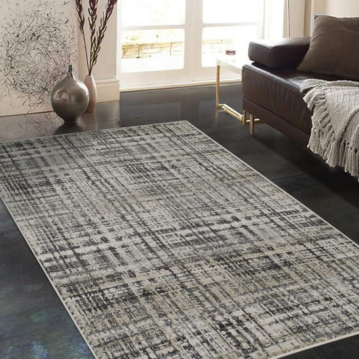 4' 11" x 7' 0" 5x7 Ivory with Charcoal Grey Modern Accent Rug in Abstract Intersecting Line Design by Allstar