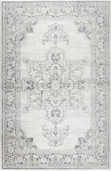 5'3" x 7'6" Natural Beige Gray Dark Gray Central Medallion Motif Distress Polypropylene Area Rug by Rizzy Home