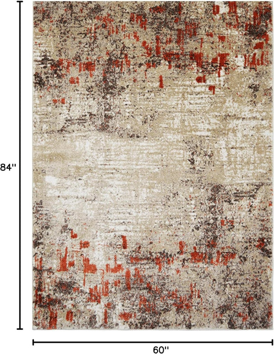 5x7 (4' 11" x 6' 11") Mocha Modern & Contemporary Rectangular Accent Rug with Ivory and Orange Abstract Modern Distressed Design by Allstar Rugs