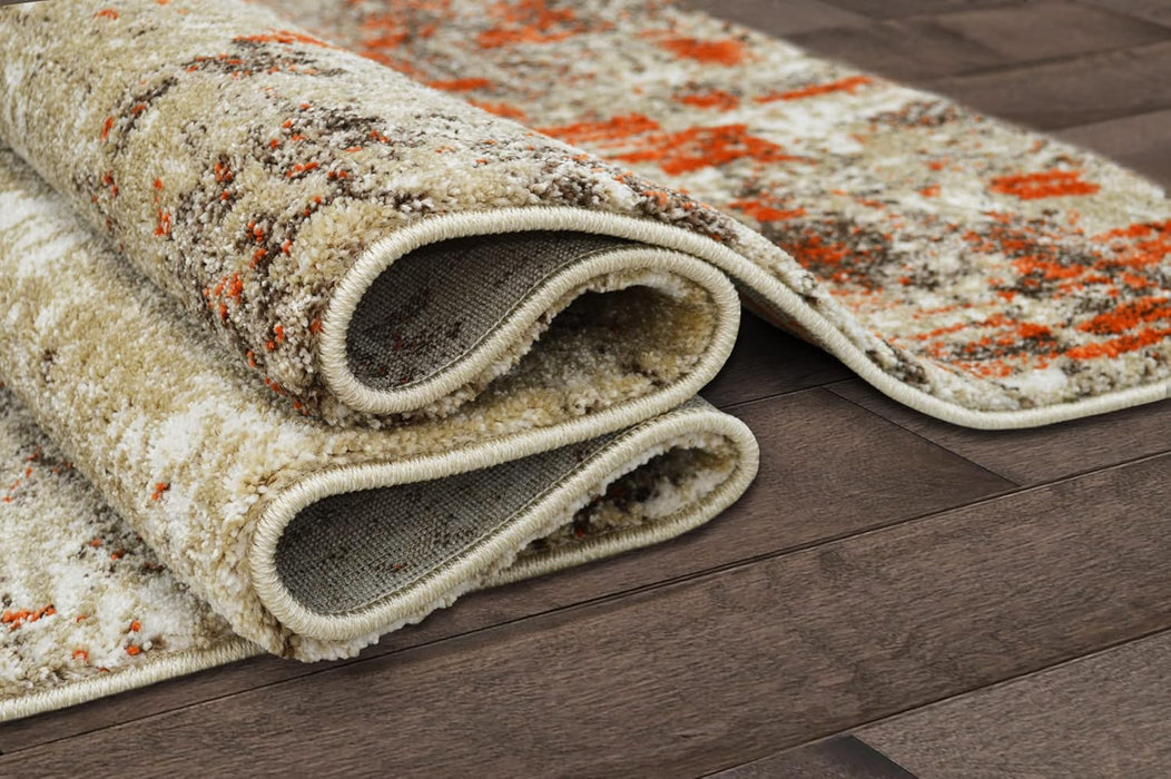 5x7 (4' 11" x 6' 11") Mocha Modern & Contemporary Rectangular Accent Rug with Ivory and Orange Abstract Modern Distressed Design by Allstar Rugs