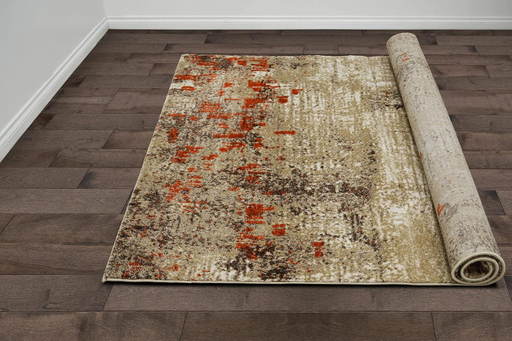 5x7 (4' 11" x 6' 11") Mocha Modern & Contemporary Rectangular Accent Rug with Ivory and Orange Abstract Modern Distressed Design by Allstar Rugs