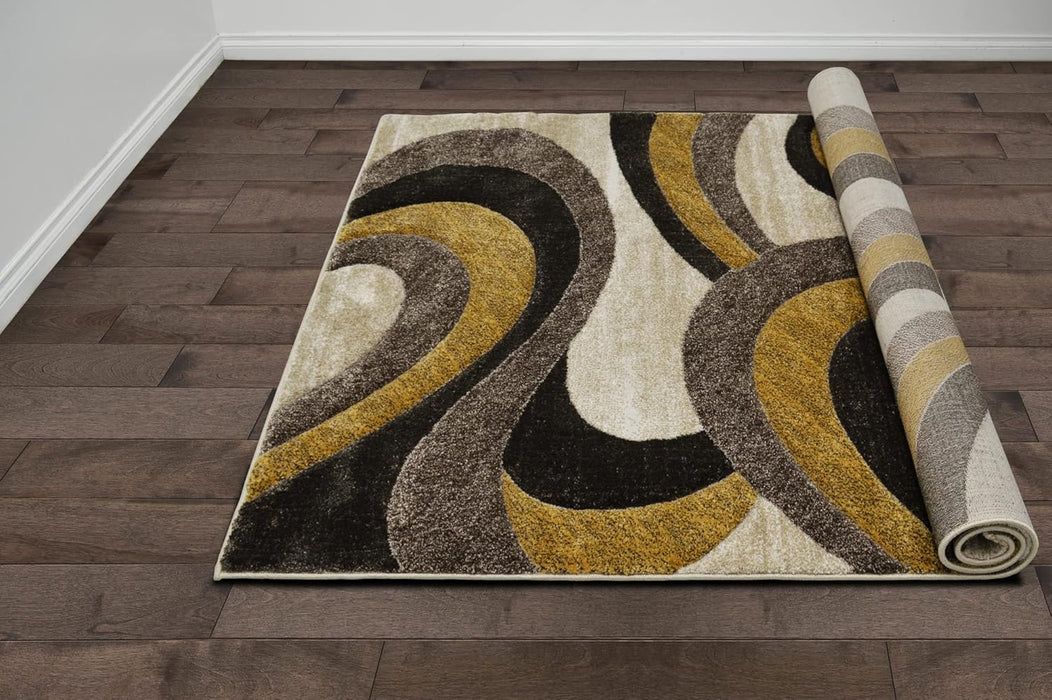 5x7 Ivory Modern & Contemporary Hand Carved Rectangular Accent Rug with Espresso Abstract by Allstar