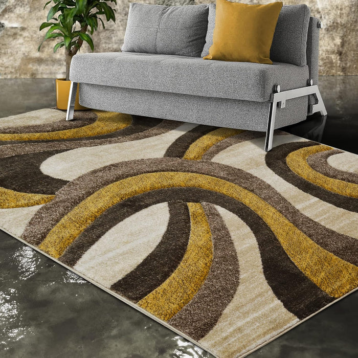 5x7 Ivory Modern & Contemporary Hand Carved Rectangular Accent Rug with Espresso Abstract by Allstar