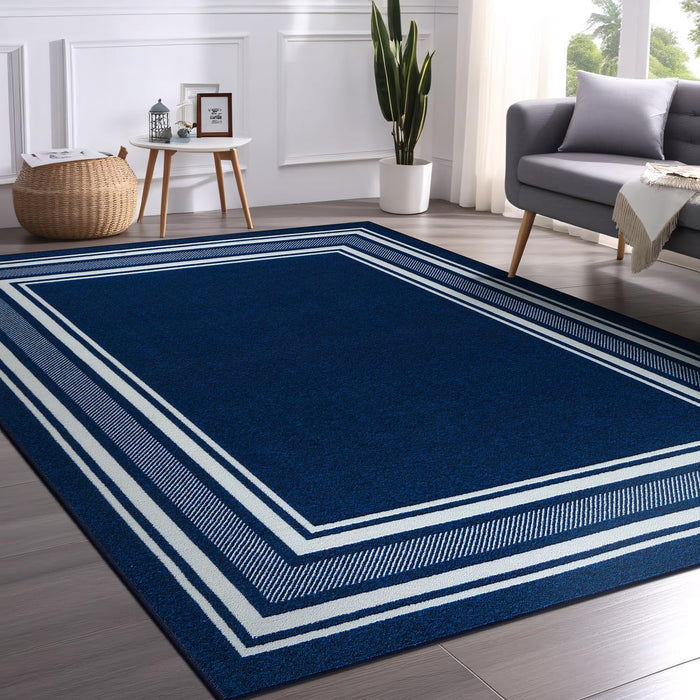 8' x 10' Navy Modern Bordered Non Skid Rubber Backing Soft Area Rug for Living Dining Room Easy to Clean Non Shedding Kitchen Bedroom Indoor Carpet