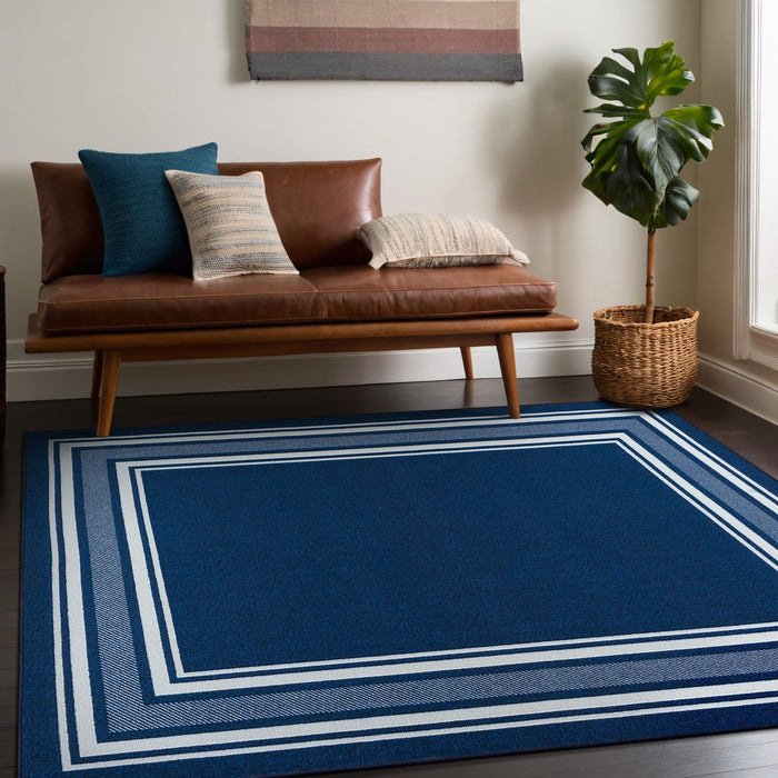 8' x 10' Navy Modern Bordered Non Skid Rubber Backing Soft Area Rug for Living Dining Room Easy to Clean Non Shedding Kitchen Bedroom Indoor Carpet