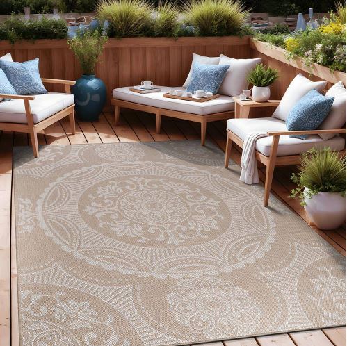5 ft. x 7 ft. Beige/White Medallion Indoor/Outdoor Area Rug