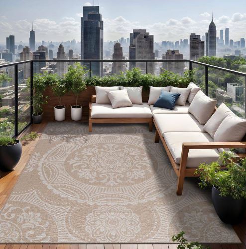 5 ft. x 7 ft. Beige/White Medallion Indoor/Outdoor Area Rug