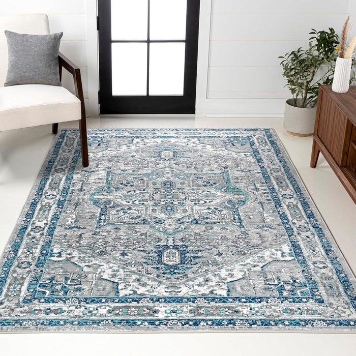 4' x 6' Blue, Light Gray Modern Vintage Medallion Indoor Area Rug