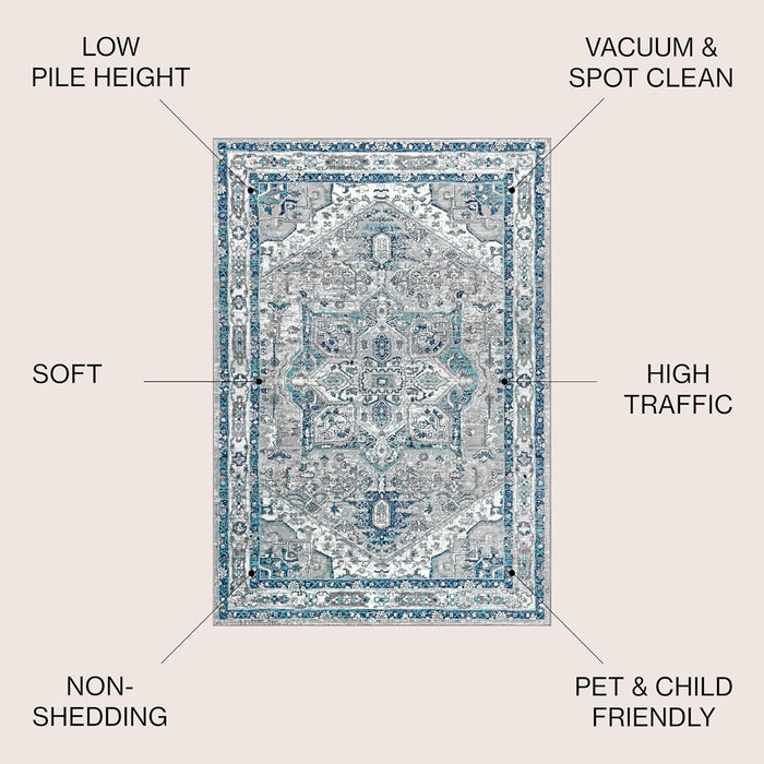 4' x 6' Blue, Light Gray Modern Vintage Medallion Indoor Area Rug