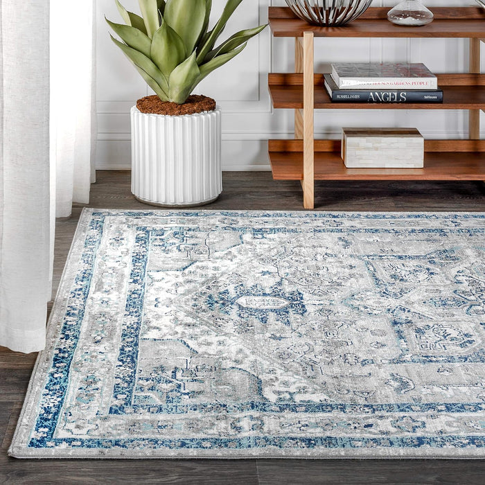 4' x 6' Blue, Light Gray Modern Vintage Medallion Indoor Area Rug