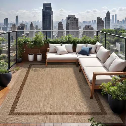 6 ft. x 9 ft. Beige/Brown Bordered Indoor Outdoor Area Rug
