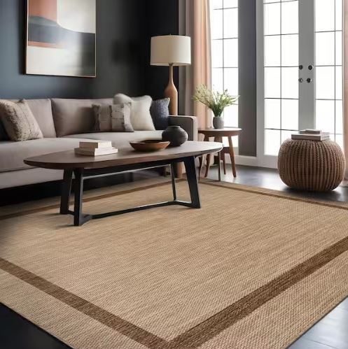 6 ft. x 9 ft. Beige/Brown Bordered Indoor Outdoor Area Rug