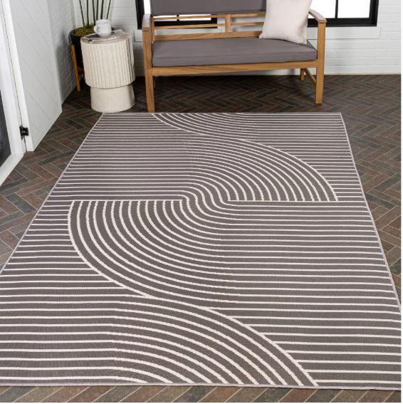 5' x 7.6', Dark Gray/Cream, Mid-Century Modern Curve Stripe Reversible Machine-Washable Indoor/Outdoor Area Rug