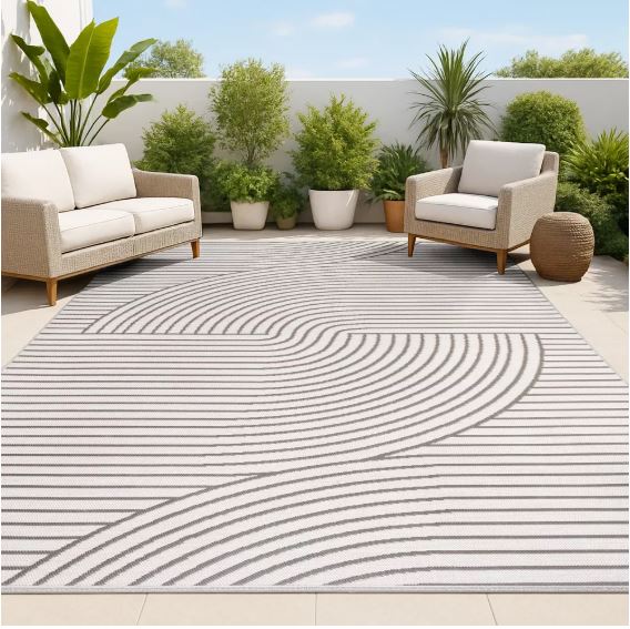 5' x 7.6', Dark Gray/Cream, Mid-Century Modern Curve Stripe Reversible Machine-Washable Indoor/Outdoor Area Rug