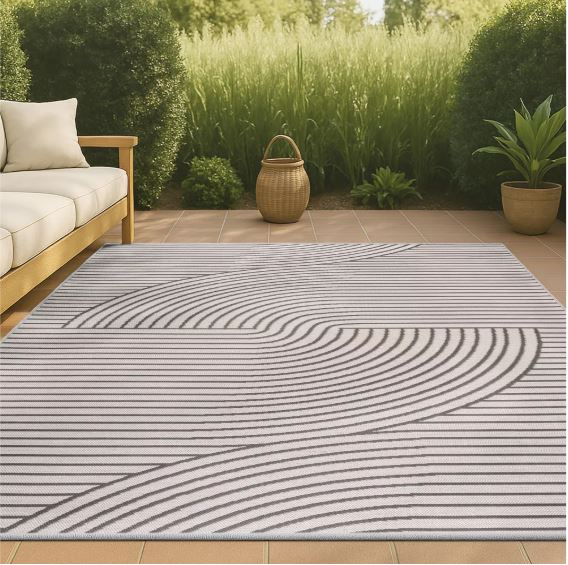 5' x 7.6', Dark Gray/Cream, Mid-Century Modern Curve Stripe Reversible Machine-Washable Indoor/Outdoor Area Rug