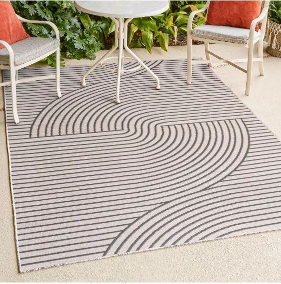 5' x 7.6', Dark Gray/Cream, Mid-Century Modern Curve Stripe Reversible Machine-Washable Indoor/Outdoor Area Rug