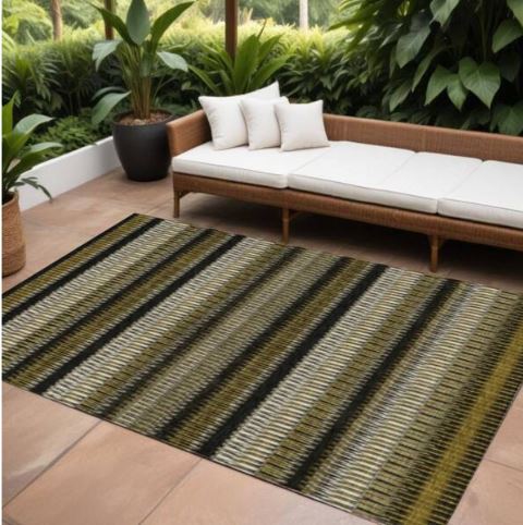 Brown, Ivory, Black 8 ft. x 10 ft. Woven Striped Polyester Rectangle Indoor / Outdoor Area Rug
