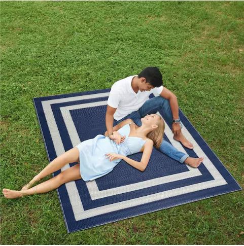 Paris Navy Creme 8 ft. x 10 ft. Modern Plastic Indoor/Outdoor Area Rug