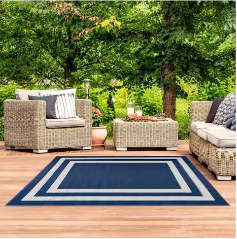 Paris Navy Creme 8 ft. x 10 ft. Modern Plastic Indoor/Outdoor Area Rug