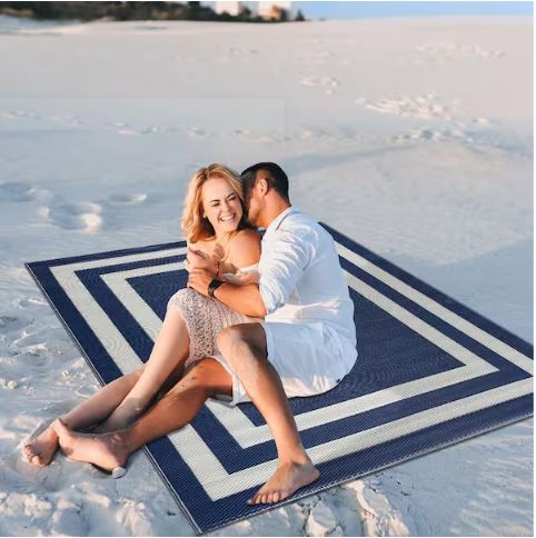 Paris Navy Creme 8 ft. x 10 ft. Modern Plastic Indoor/Outdoor Area Rug