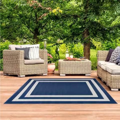 Paris Navy Creme 5 ft. x 7 ft. Modern Plastic Indoor/Outdoor Area Rug