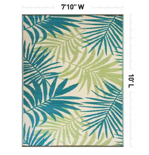 Hawaii Green 8 ft. x 10 ft. Modern Floral Reversible Plastic Outdoor Area Rug