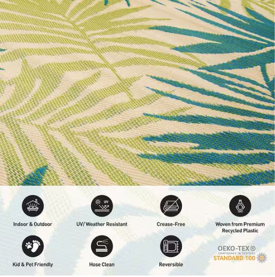 Hawaii Green 8 ft. x 10 ft. Modern Floral Reversible Plastic Outdoor Area Rug