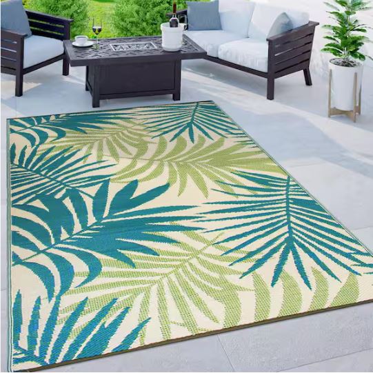 Hawaii Green 8 ft. x 10 ft. Modern Floral Reversible Plastic Outdoor Area Rug