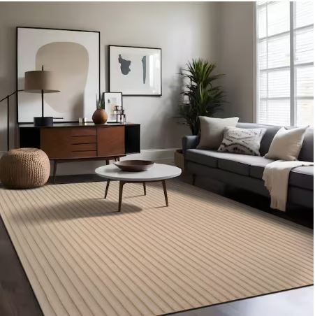 UltraPlush Touch 8 ft. x 10 ft. Beige Non-Slip Rubber Back Washable Polyester Stripes Indoor Area Rug
