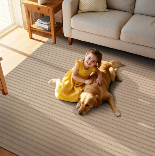 UltraPlush Touch 8 ft. x 10 ft. Beige Non-Slip Rubber Back Washable Polyester Stripes Indoor Area Rug
