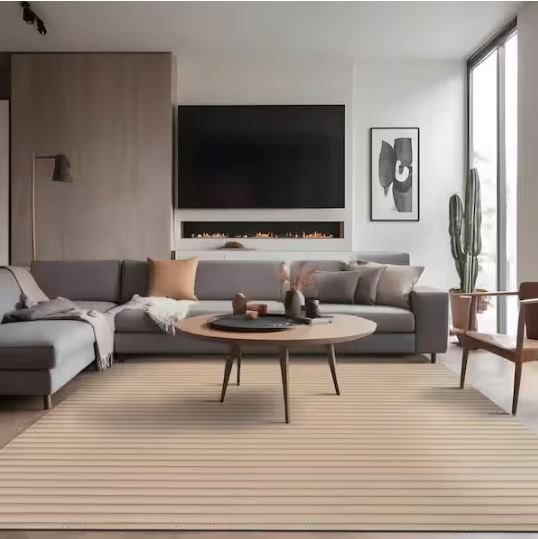 UltraPlush Touch 8 ft. x 10 ft. Beige Non-Slip Rubber Back Washable Polyester Stripes Indoor Area Rug
