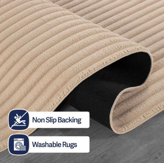 UltraPlush Touch 8 ft. x 10 ft. Beige Non-Slip Rubber Back Washable Polyester Stripes Indoor Area Rug