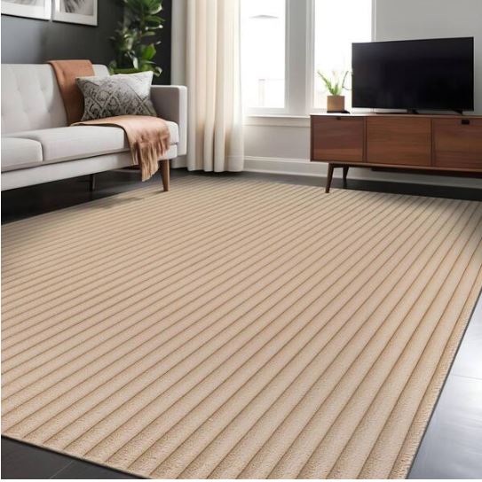 UltraPlush Touch 8 ft. x 10 ft. Beige Non-Slip Rubber Back Washable Polyester Stripes Indoor Area Rug